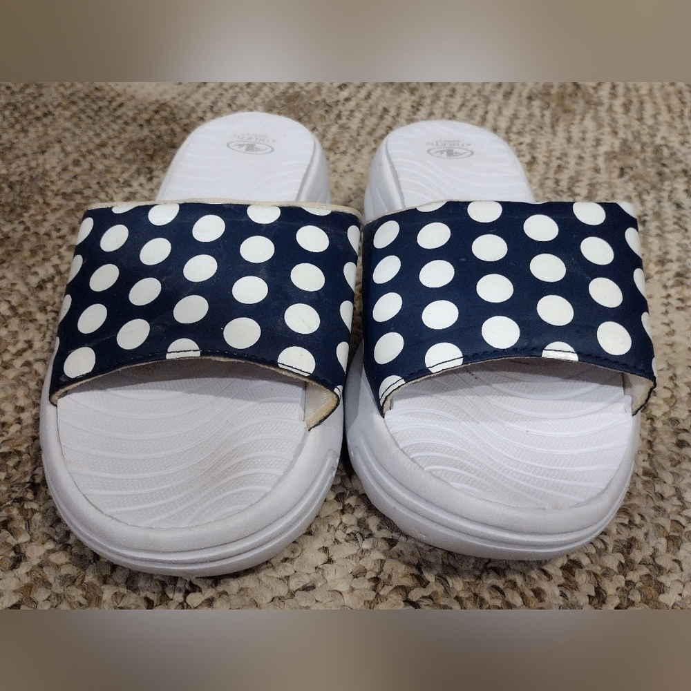 Navy Polka Dot Slide Sandals - White Footbed By Athletic Works, Size 7 - 8